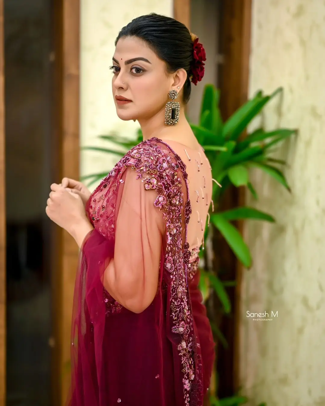 Anusree Nair In South Indian Traditional Maroon Saree Blouse